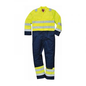 workmans overall clothing in yellow and navy high visibility colours