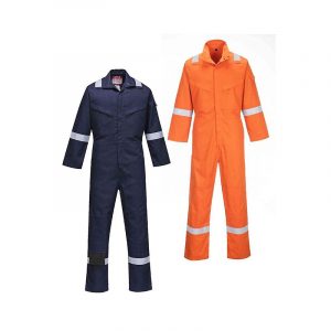 high visibility overall clothing in orange and navy