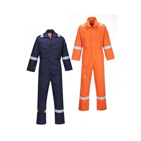 high visibility overall clothing in orange and navy